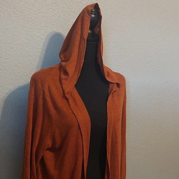 Tahari Linen open front Hooded Cardigan Rust Orange size Large Lagenlook luxury - Picture 4 of 6